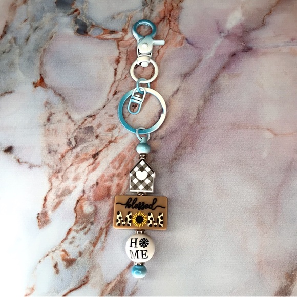 Handmade Keychain Blessed Mom with Windmill Farmhouse Wooden Beads - Picture 2 of 4